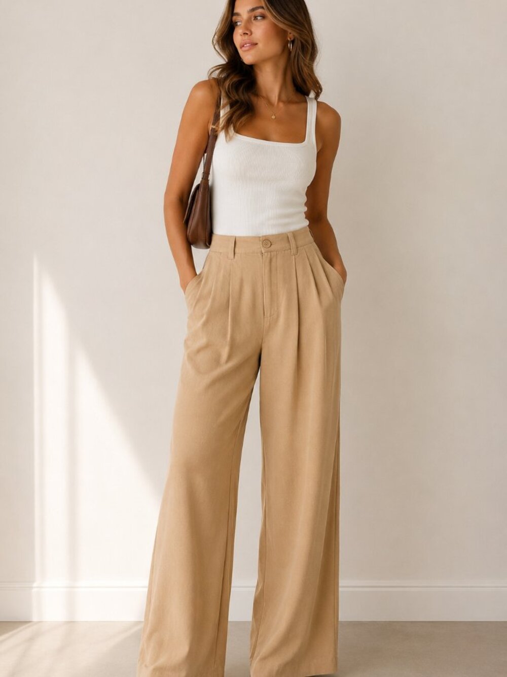 ASOS Womens 4 Tan Pleated Wide Leg Trousers High Waist Minimalist Quiet Luxury